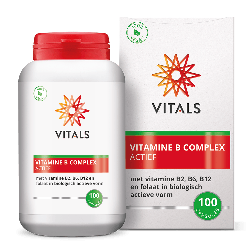 Vitamine B Complex Actief – Vitals set. Potje en doosje met 100 capsules actieve B-vitaminen voor verhoogde bioactiviteit.