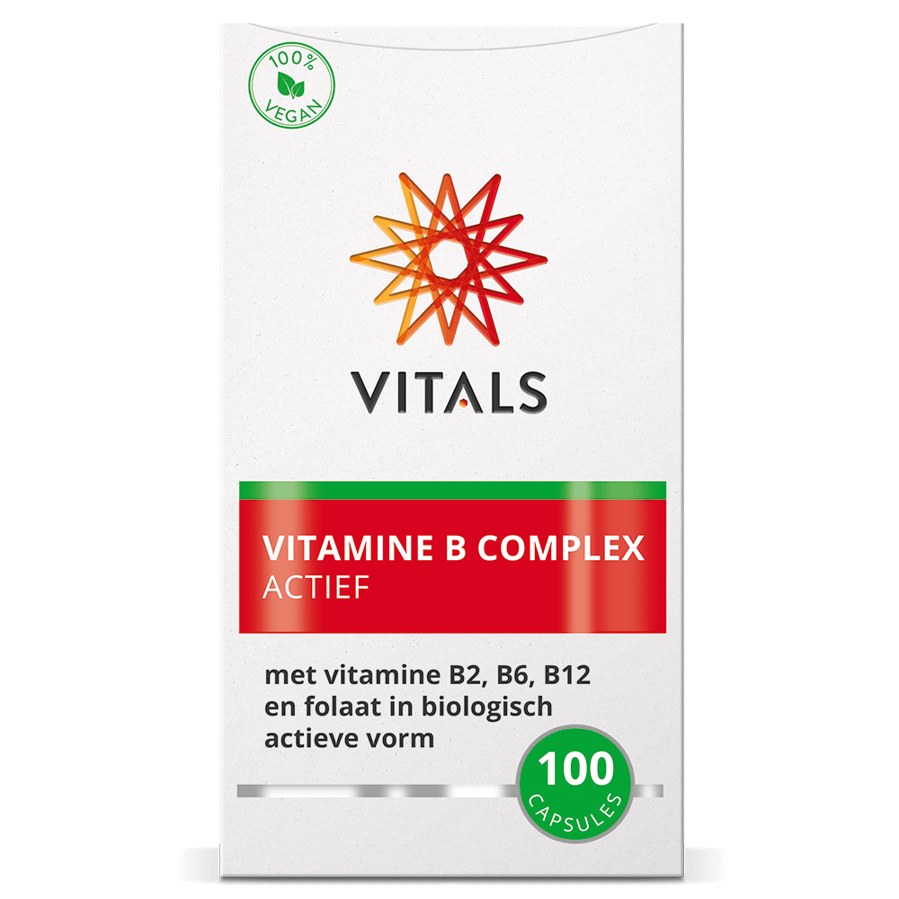 Vitamine B Complex Actief – Vitals doosje. Compleet B-complex met biologisch actieve B-vitaminen voor energie en stofwisseling.