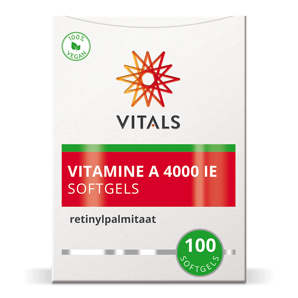 Vitamine A 4000 IE softgels – Doosje met vegan capsules voor huid, ogen en immuunsysteem. 100 softgels per verpakking.