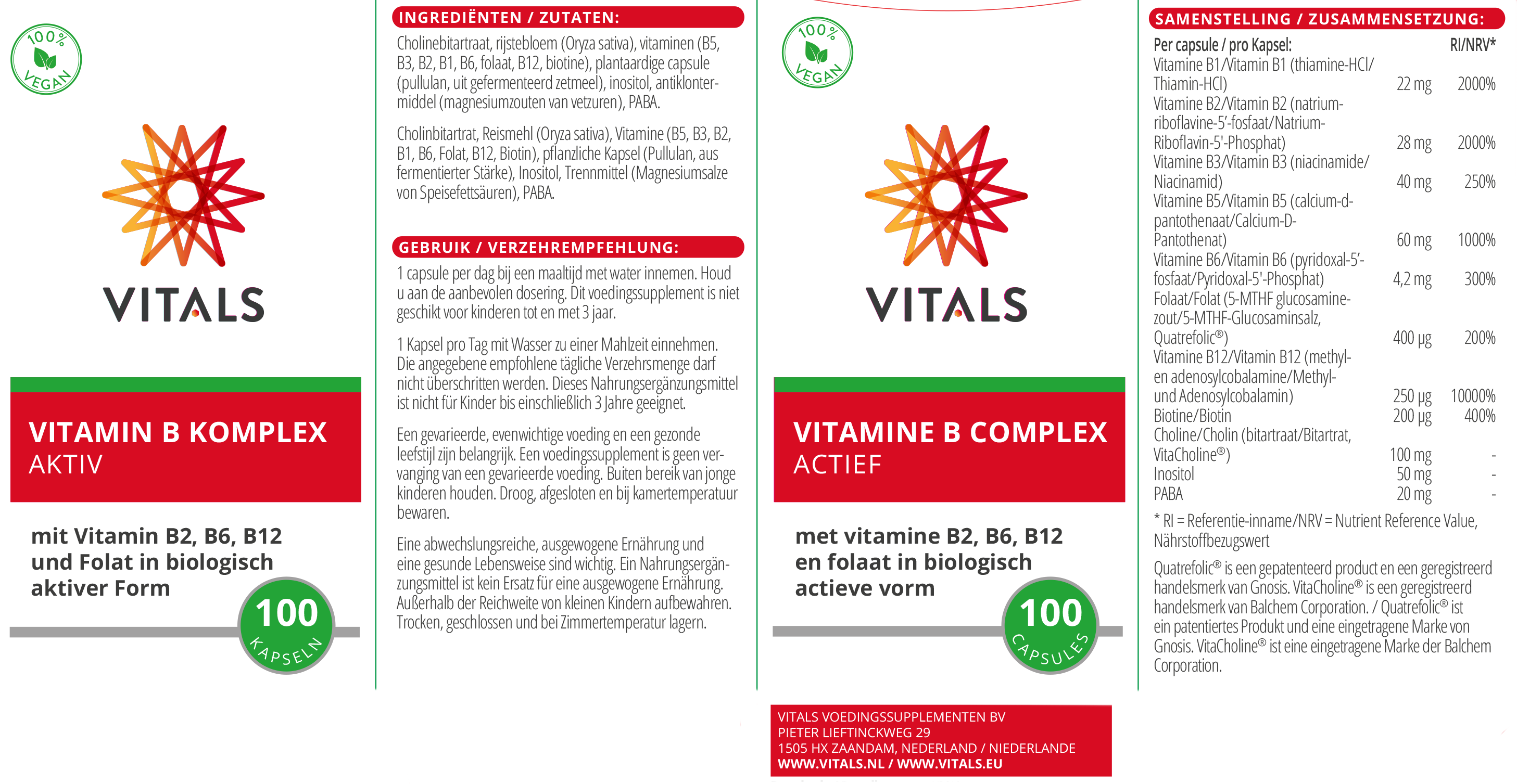 Vitamine B Complex Actief – Vitals etiket. Ingrediënten: actieve vormen van B2, B6, B12 en folaat voor verbeterde opname.