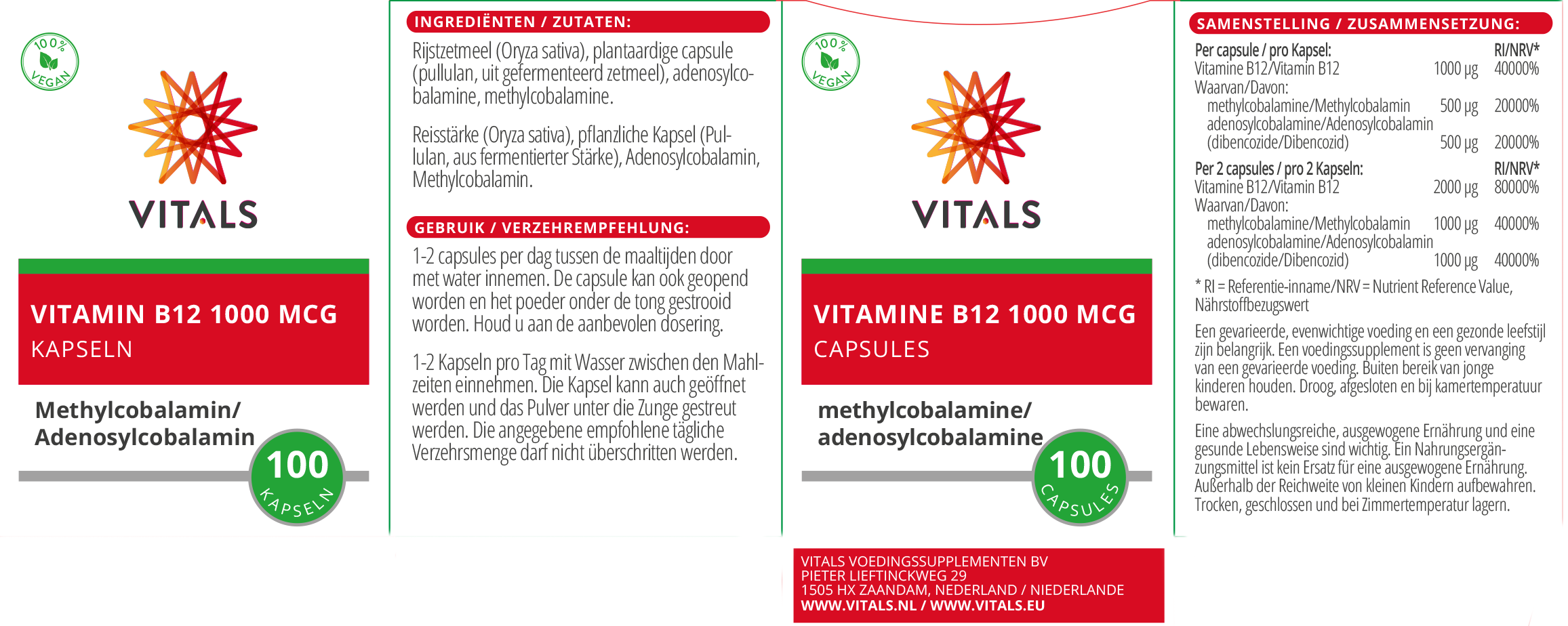 Vitamine B12 1000 mcg – Vitals etiket. Ingrediënten en gebruiksaanwijzing van B12-supplement.