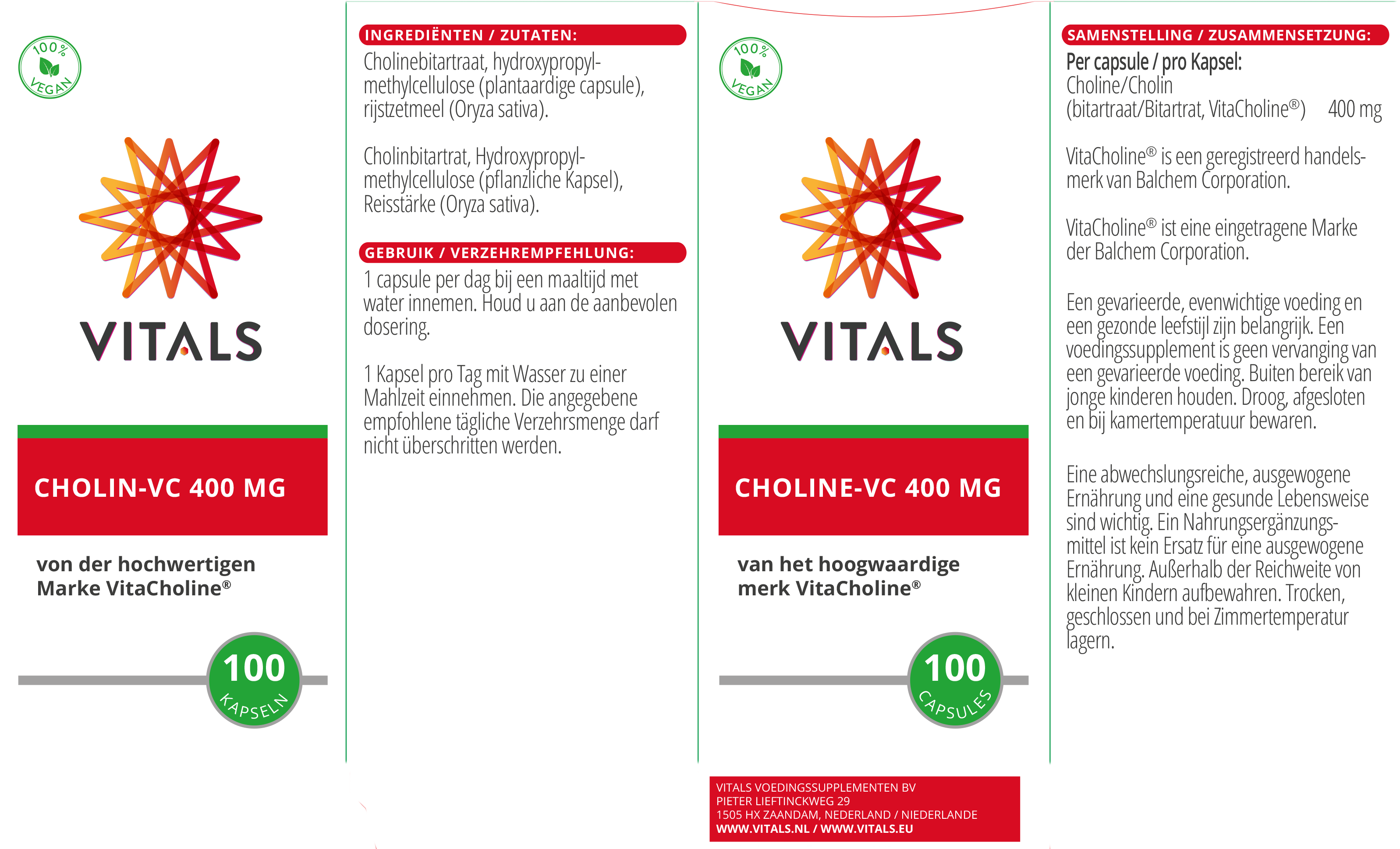 Choline-VC 400 mg – Vitals etiket. Ingrediënten: cholinebitartraat (VitaCholine®), plantaardige capsule.